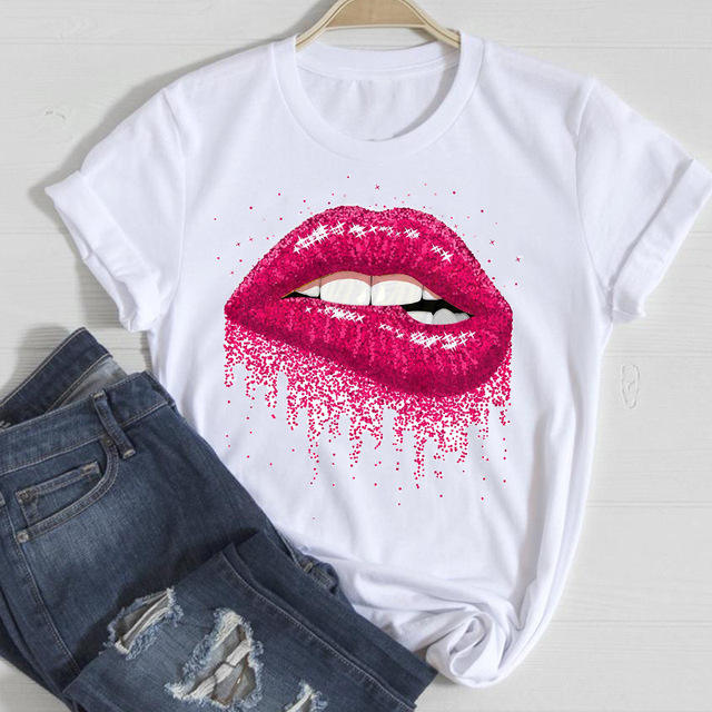 New red lip letter printed women's short-sleeved T-shirt