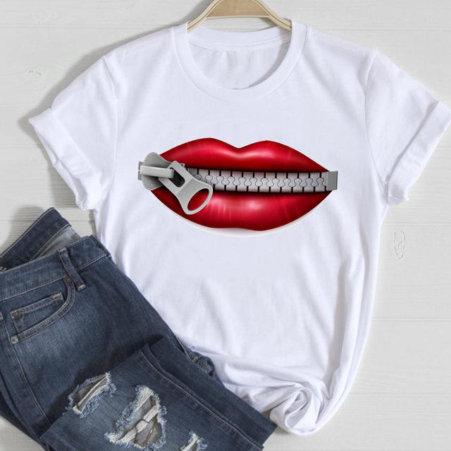 New red lip letter printed women's short-sleeved T-shirt