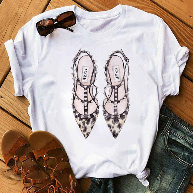 Fashion high heels printed women's short-sleeved T-shirt