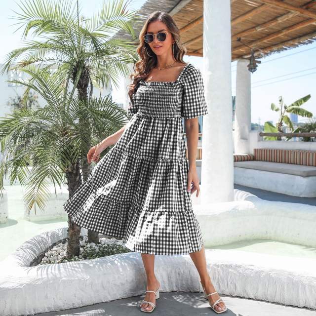 Off shoulder plaid balloon sleeve dress