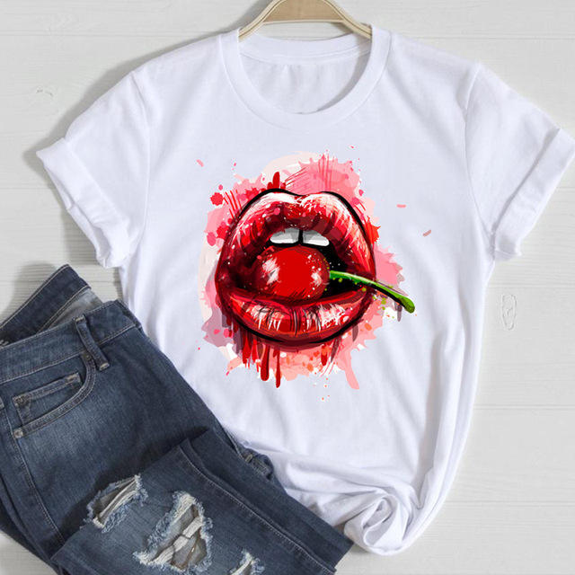 New red lip letter printed women's short-sleeved T-shirt