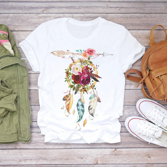 New summer feather Dreamcatcher printed women's short-sleeved T-shirt