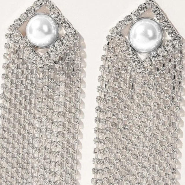 Elegant pearl rhinestone pave setting tassel earrings