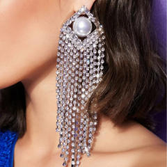Elegant pearl rhinestone pave setting tassel earrings