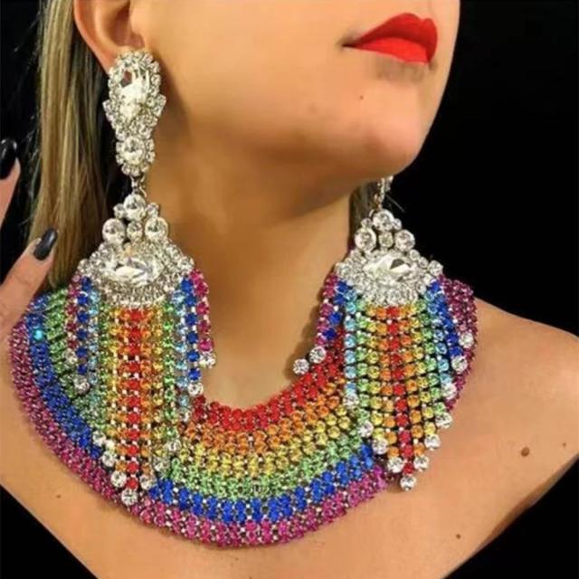 Boho color rhinestone tassel earrings for women