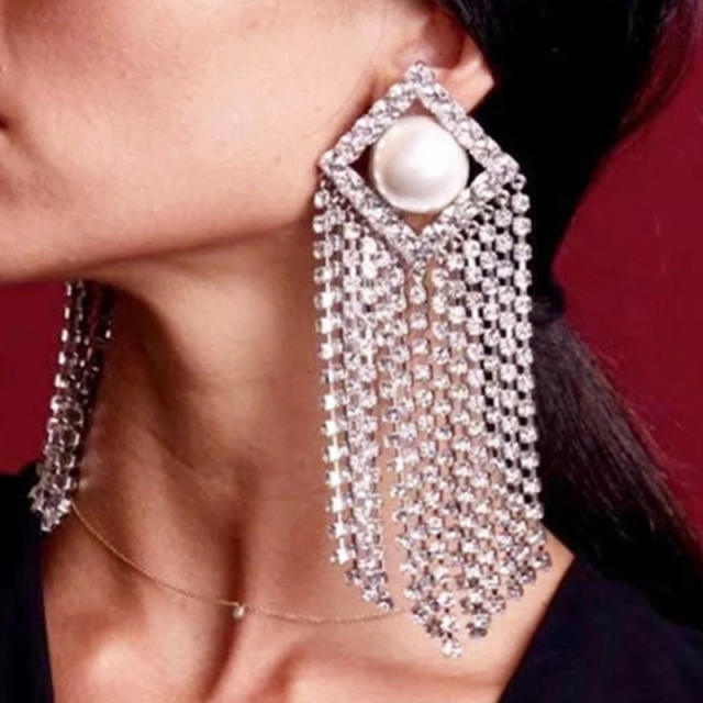 Elegant pearl rhinestone pave setting tassel earrings