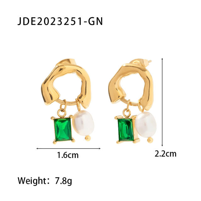 White shell emerald charm stainless steel earrings