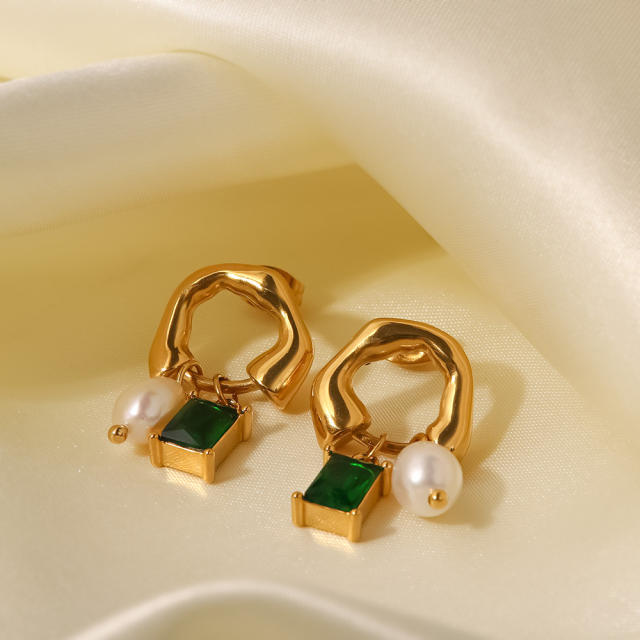 White shell emerald charm stainless steel earrings