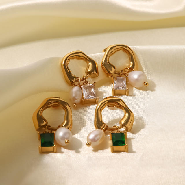 White shell emerald charm stainless steel earrings