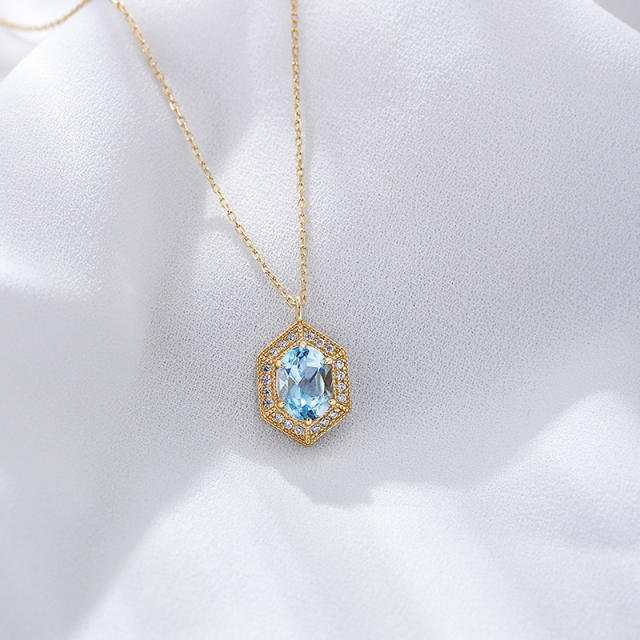 INS concise geometric blue topaz pendant sterling silver necklace dainty necklace