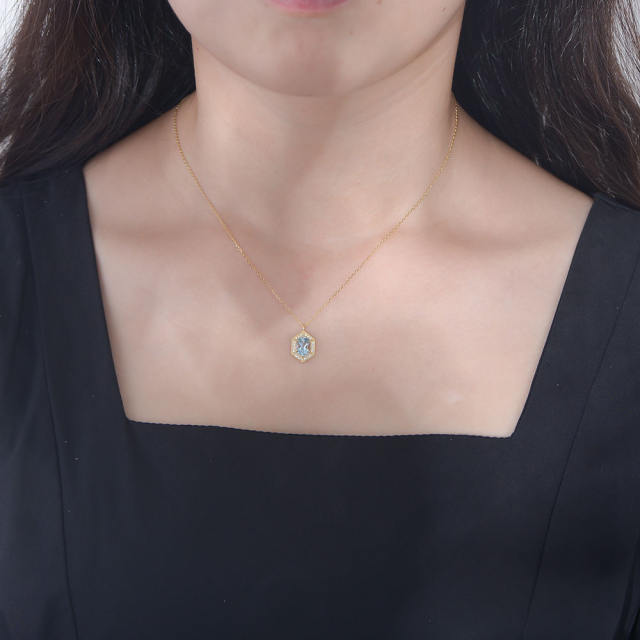 INS concise geometric blue topaz pendant sterling silver necklace dainty necklace