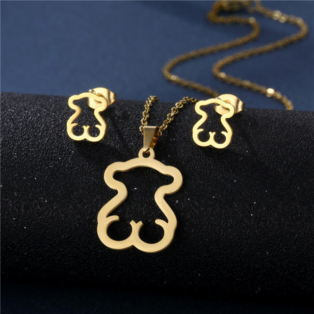 Cute bear buttefly heart symbol stainless steel necklace set