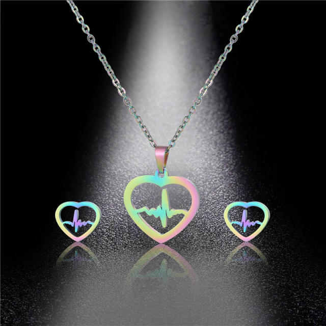 Heartbeat symbol stainless steel necklace set