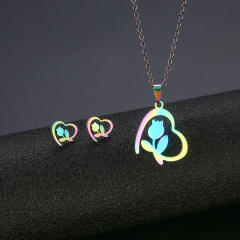 French heart rose stainless steel necklace set