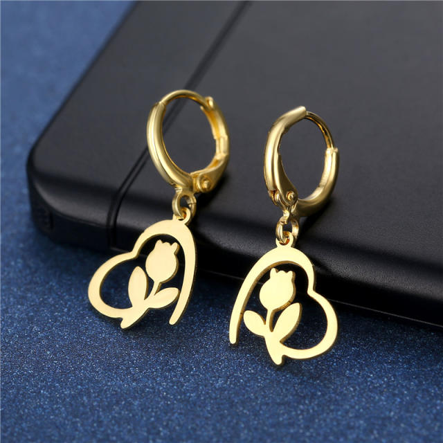 18KG hollow heart series stainless steel earrings