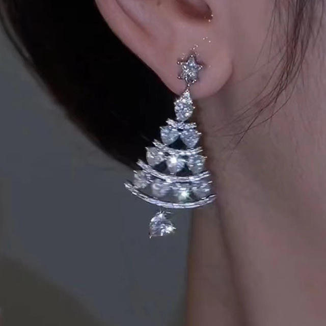 Delicate pave setting cubic zircon christmas tree earrings diamond earrings