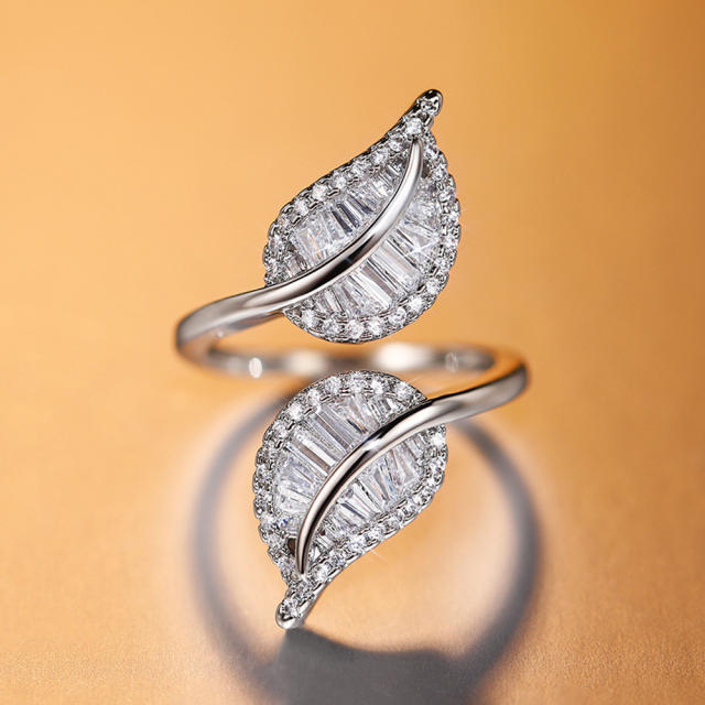 Delicate full diamond leaf shape wedding rings