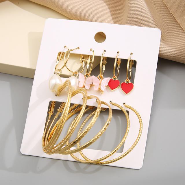 Personality red heart hoop earrings set