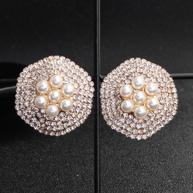 Geometric faux pearl wedding clip on earrings