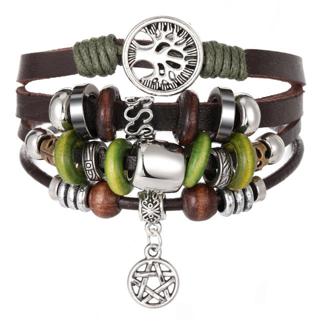Life tree symbol PU leather layer bracelet for men