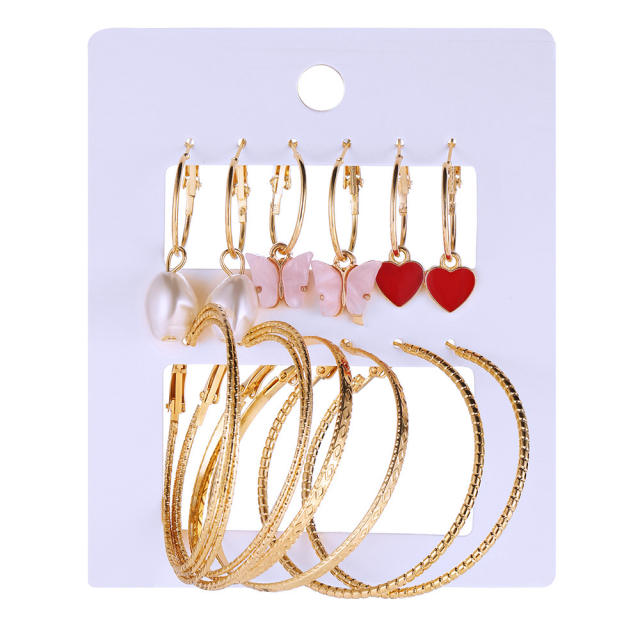 Personality red heart hoop earrings set