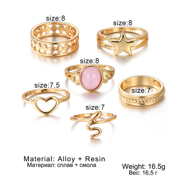 6pcs pink color resin snake ring set