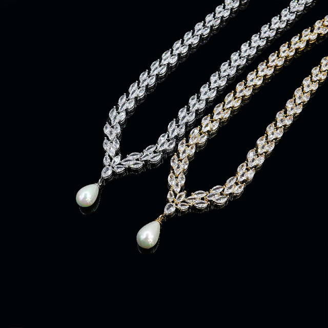 Luxury diamond pearl bridal necklace set