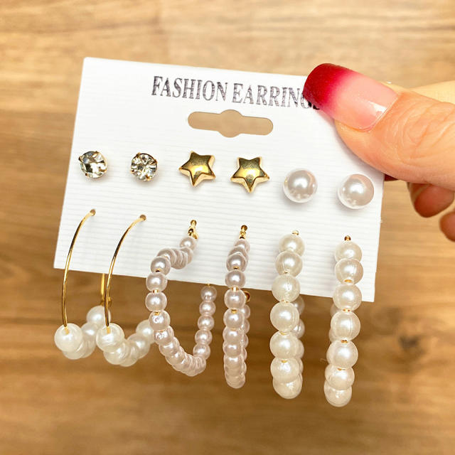 Korean fashion faux pearl hoop earrings set