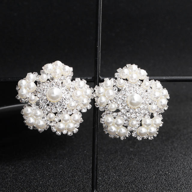 Geometric faux pearl wedding clip on earrings