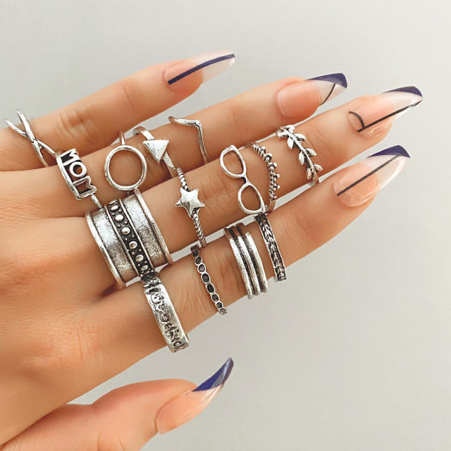 14pcs vintage MOM letter stackable rings