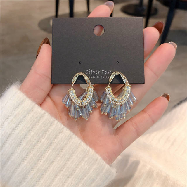 925 needle korean fashion crystal beads tassel earrings