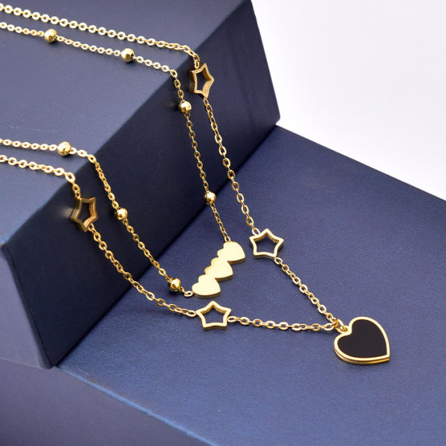 Korean fashion two layer heart star stainless steel necklace
