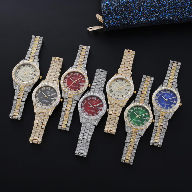 Full diamond calendar quartz men watch