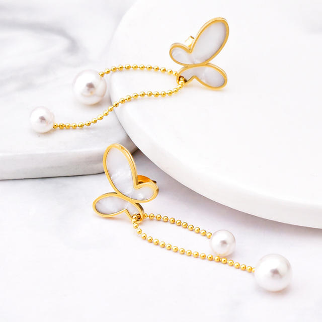 Korean fashion white shell butterfly stainless steel necklace earrings