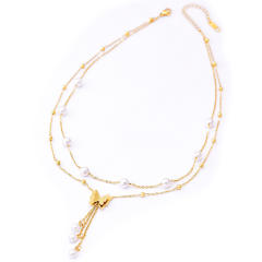 Korean fashion two layer frost butterfly pearl stainless steel necklace
