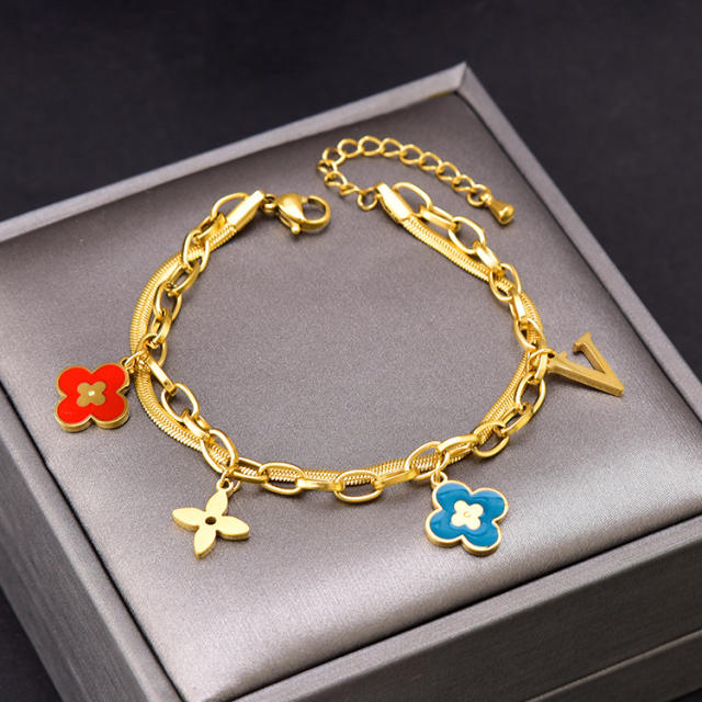 Enamel clover charm stainless steel bracelet chain bracelet