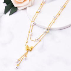 Korean fashion two layer frost butterfly pearl stainless steel necklace