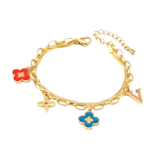 Enamel clover charm stainless steel bracelet chain bracelet