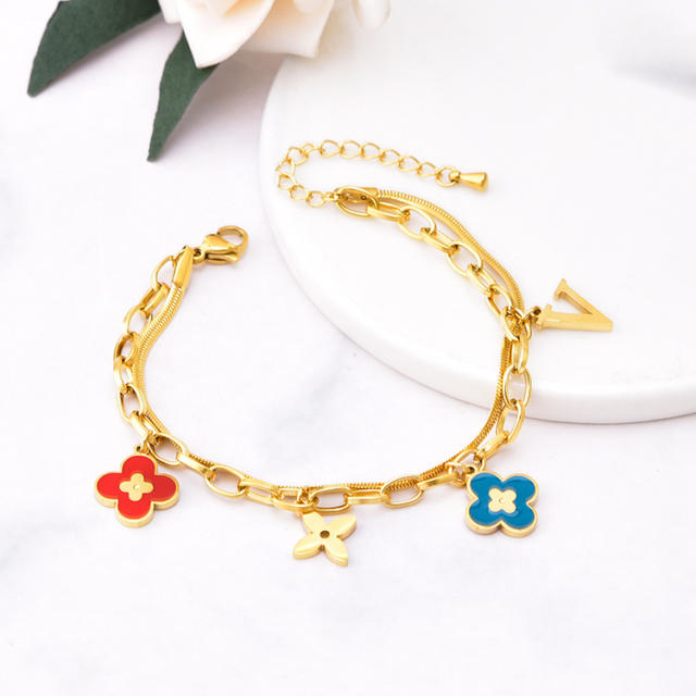 Enamel clover charm stainless steel bracelet chain bracelet