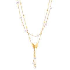 Korean fashion two layer frost butterfly pearl stainless steel necklace