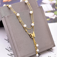 Korean fashion two layer frost butterfly pearl stainless steel necklace