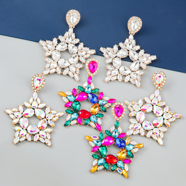 Super shiny color glass crystal statement star earrings