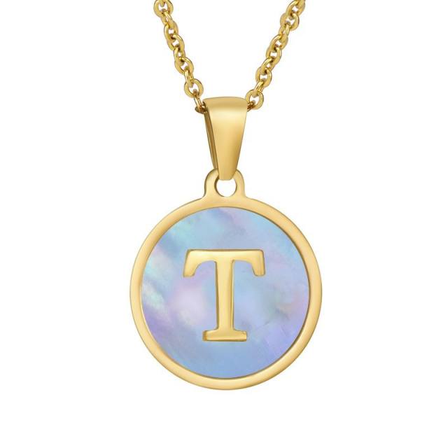 18K blue color shell round pendant initial necklace stainless steel necklace