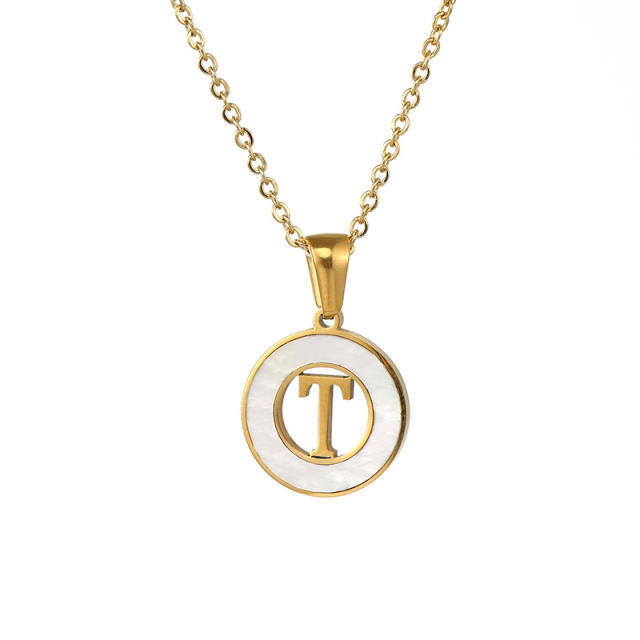 Classic hollow out initial necklace round pendant stainless steel necklace