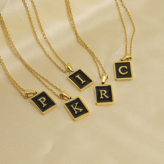 Black enamel initial necklace stainless steel necklace