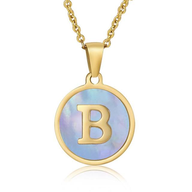 18K blue color shell round pendant initial necklace stainless steel necklace