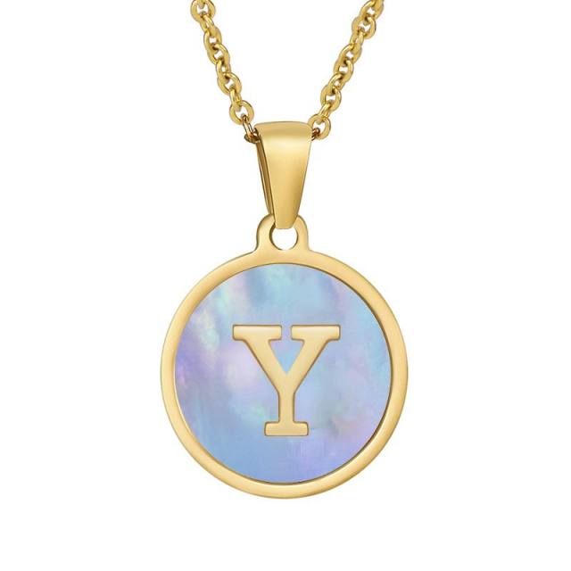 18K blue color shell round pendant initial necklace stainless steel necklace