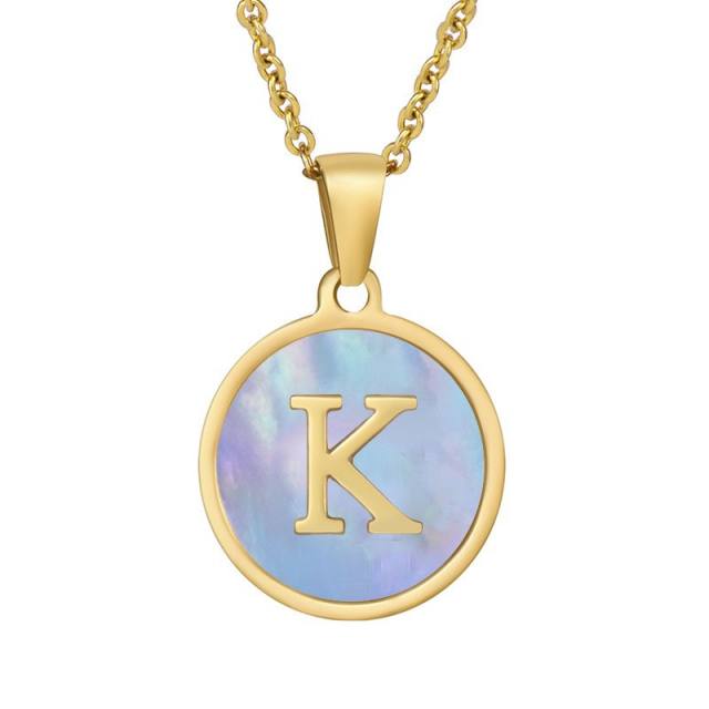 18K blue color shell round pendant initial necklace stainless steel necklace