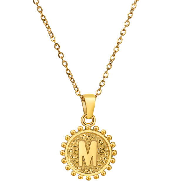 Vintage round pendant initial necklace stainless steel necklace