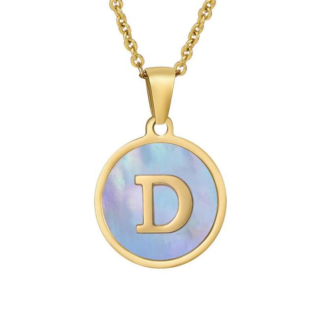 18K blue color shell round pendant initial necklace stainless steel necklace